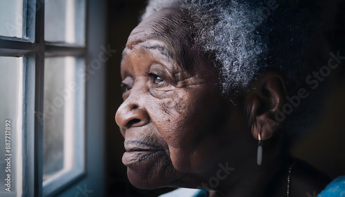 Staring sadly and gloomily out of the window. A feeling of being alone, depression, sadness. Old black woman. photo