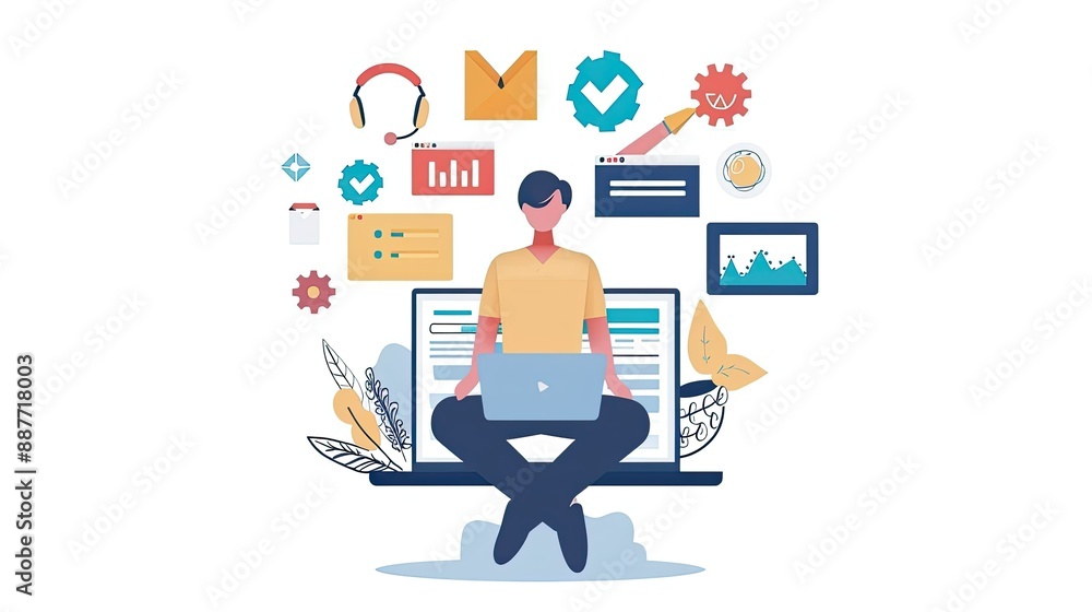 Laptop user engaged in content marketing activities with visual elements Laptop user engaged in content marketing activities with visual elements