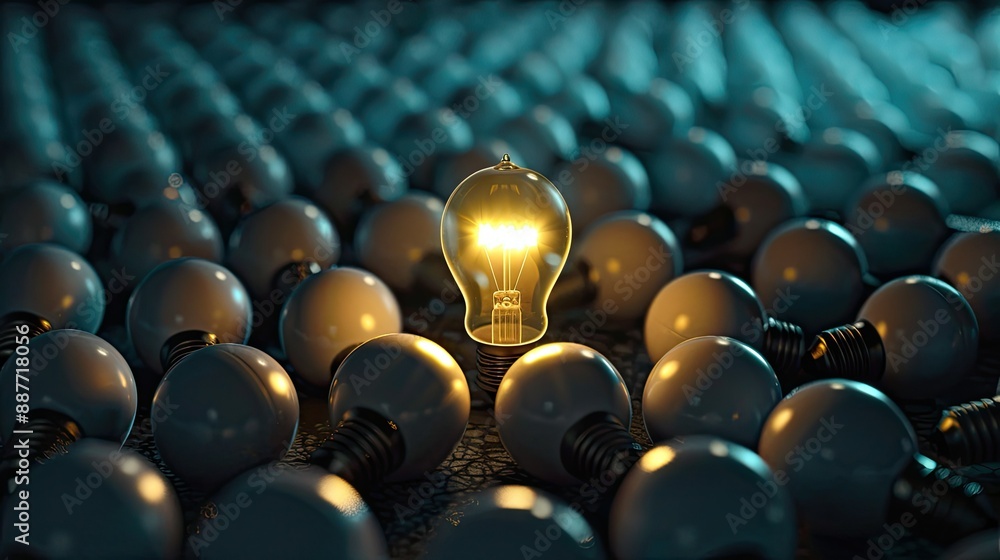 Fototapeta premium Light bulb glowing brightly, standing out from the crowd of darkened bulbs