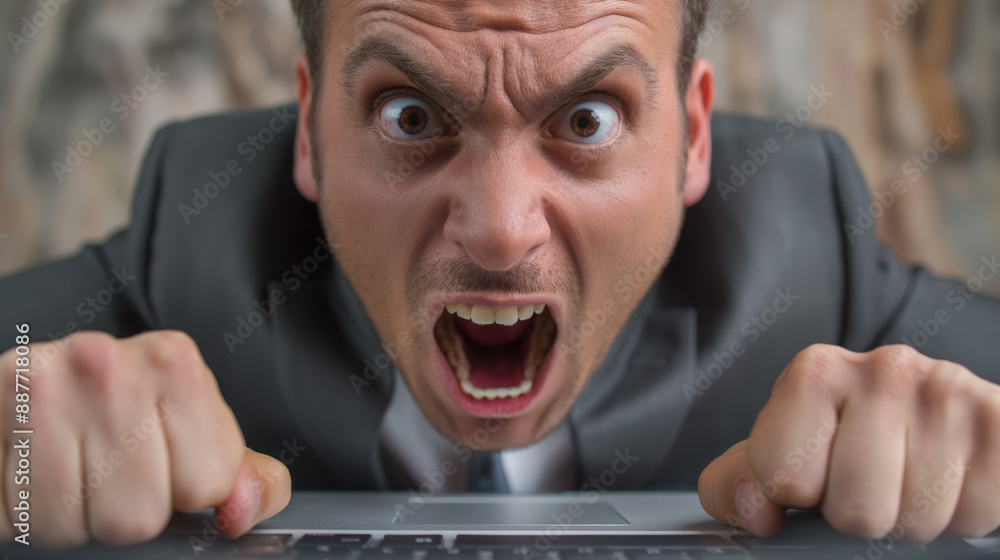 Foto de Angry man in a suit yelling at his laptop, showcasing ...