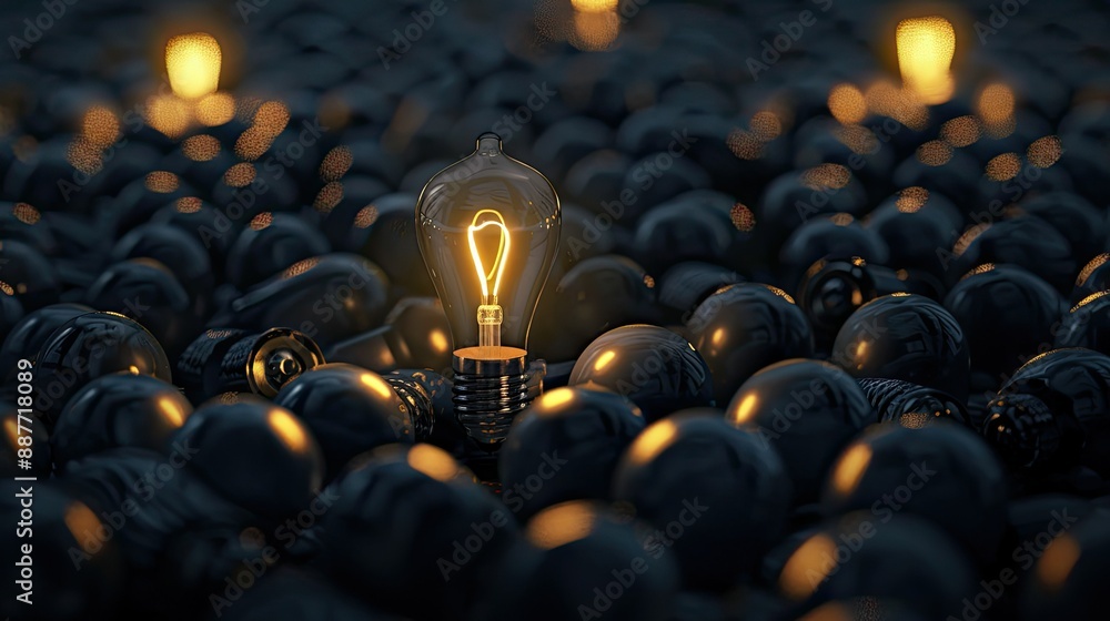 Fototapeta premium Light bulb glowing brightly, standing out from the crowd of darkened bulbs