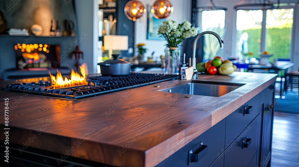 Modern kitchen with a dark wood countertop and a visible flame, creating a stylish ambiance Modern kitchen with a dark wood countertop and a visible flame, creating a stylish ambiance