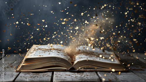 Open book with golden sparkles and dust floating around, creating a magical and enchanting atmosphere on a wooden surface.