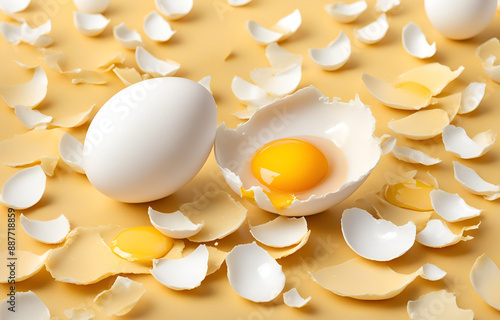 Egg yolk and egg shell isolated on a white background, detailed photo with an aesthetic color palette photo