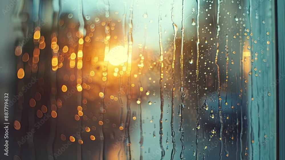 Obraz premium Raindrops trickling down a window, highlighting the peacefulness of rain
