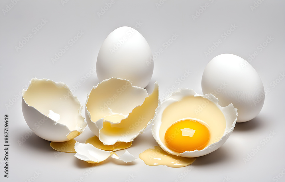 Egg yolk and egg shell isolated on a white background, detailed photo with an aesthetic color palette Egg yolk and egg shell isolated on a white background, detailed photo with an aesthetic color palette