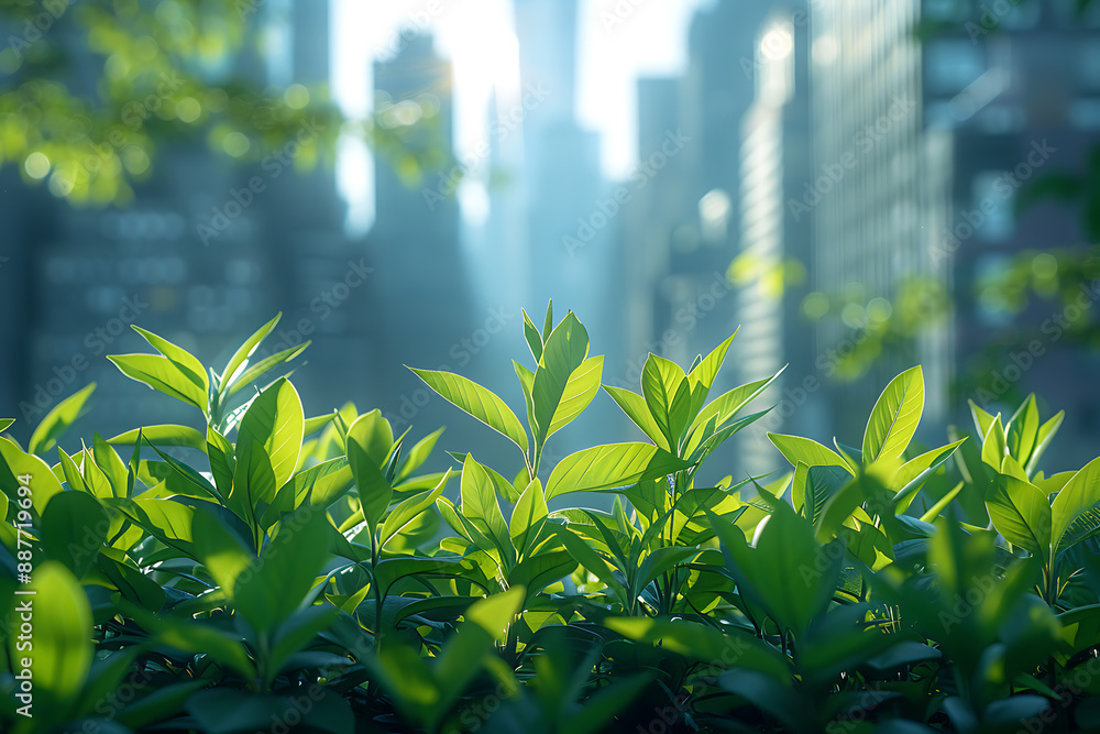 A green bush bathed in sunlight stands in sharp focus in the foreground, while the backdrop features towering skyscrapers, creating a striking contrast between nature and urban architecture A green bush bathed in sunlight stands in sharp focus in the foreground, while the backdrop features towering skyscrapers, creating a striking contrast between nature and urban architecture