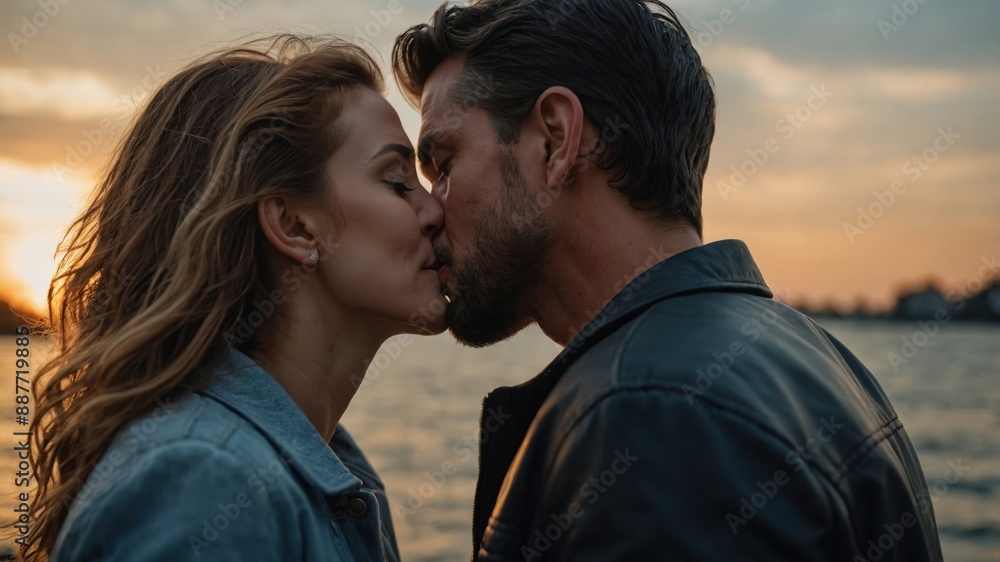 Man and woman sharing a romantic kiss by the water at sunset, creating a beautiful and intimate moment.
Man and woman sharing a romantic kiss by the water at sunset, creating a beautiful and intimate moment.