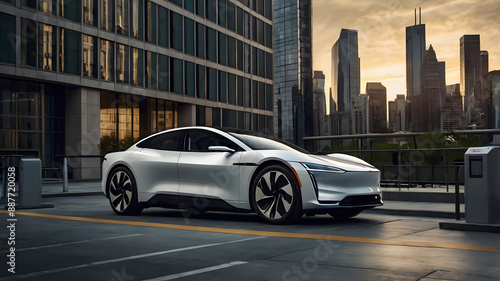 Sleek Electric Car Plugged In At Urban Charging Station During Sunset