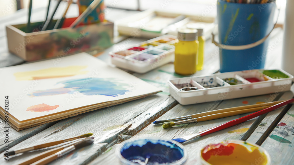 Art supplies on a wooden table, including paint brushes, watercolors, and paper, showcasing colorful artistic creativity