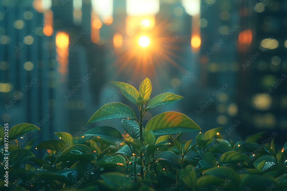 Fototapeta premium A green bush bathed in sunlight stands in sharp focus in the foreground, while the backdrop features towering skyscrapers, creating a striking contrast between nature and urban architecture