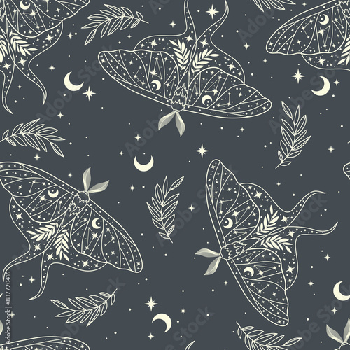 Vector seamless pattern with moon moth and stars. Contemporary composition. Trendy texture for print, textile, packaging.