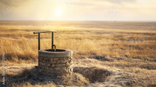 Old stone well in dry grassy field under sunset light, symbolizing natural water source in an arid environment