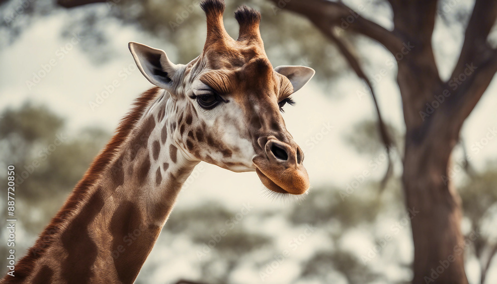 A giraffe feeding on treetops in the savanna, midday sun
A giraffe feeding on treetops in the savanna, midday sun