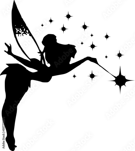 Fairy silhouettes. Funny fairies in different poses. Little creatures with wings. Mythical fairy tale characters in cute dresses. Beautiful fairies
