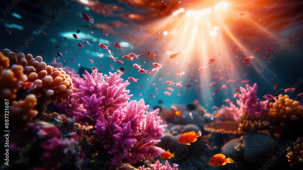 Fototapeta premium Deep underwater exploration, a divers light revealing the mysterious and vibrant world of coral reefs and marine life