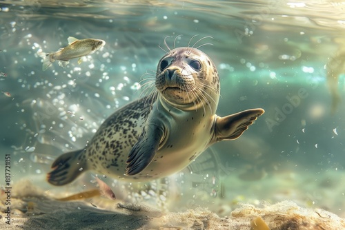 a seal is swimming in the water near a fish