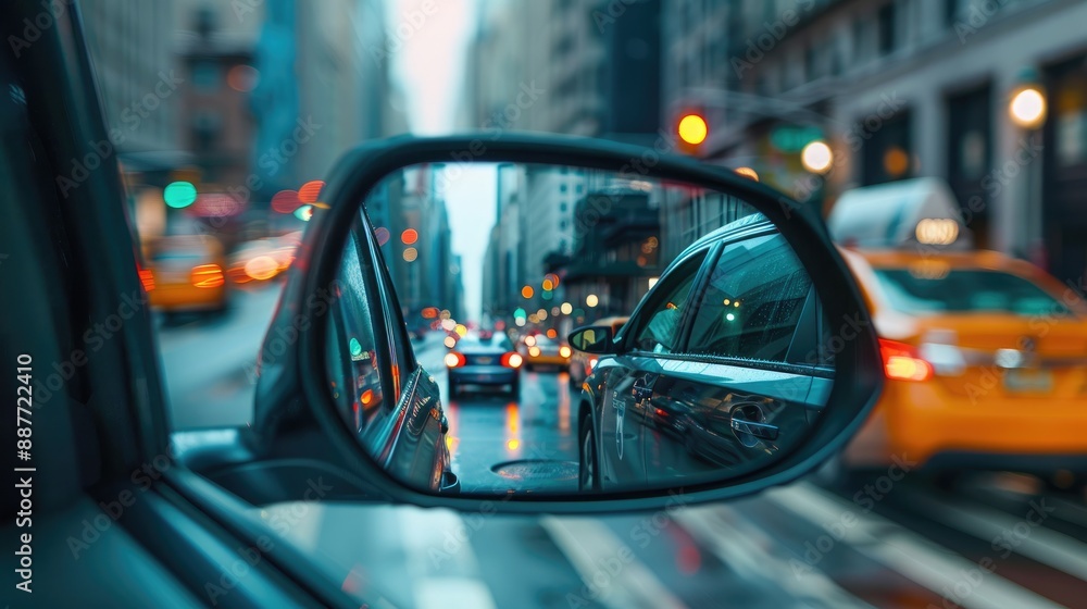 A rear view mirror of a car reflecting a city street with passing traffic and urban landscape. A rear view mirror of a car reflecting a city street with passing traffic and urban landscape.