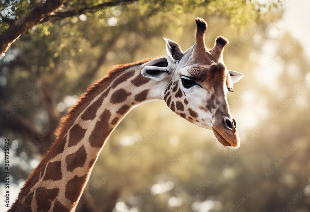 A giraffe feeding on treetops in the savanna, midday sun
