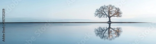 A tree in the middle of a lake with a beautiful sky and clouds reflected in the water.