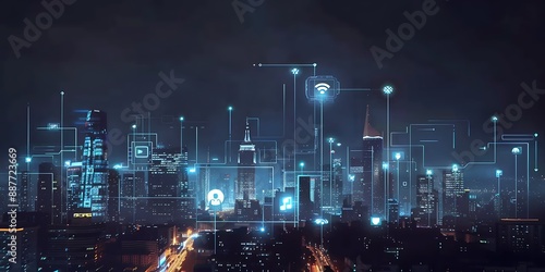 A cityscape at night with glowing social media icons connected to each other, symbolizing the impact and influence on society through technology and online communication.