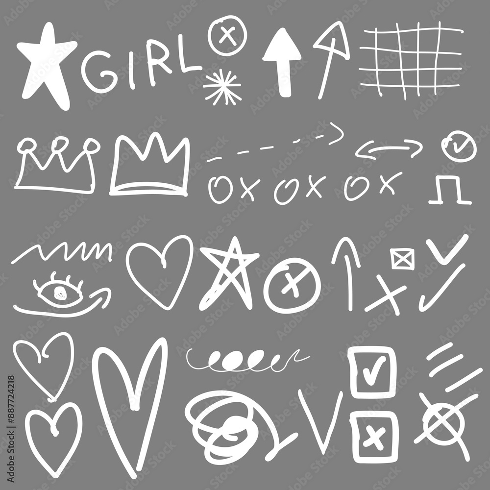 Simple line doodle punk and girly shapes collection. Hand drawn abstract scribbles and squiggles, creative various shapes, pencil drawn icons. Scribbles, scrawls, stars, crown, curly lines. Simple line doodle punk and girly shapes collection. Hand drawn abstract scribbles and squiggles, creative various shapes, pencil drawn icons. Scribbles, scrawls, stars, crown, curly lines.