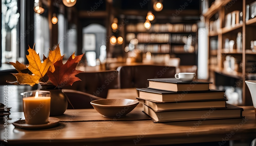 Cozy Library with autumn decor generated by AI