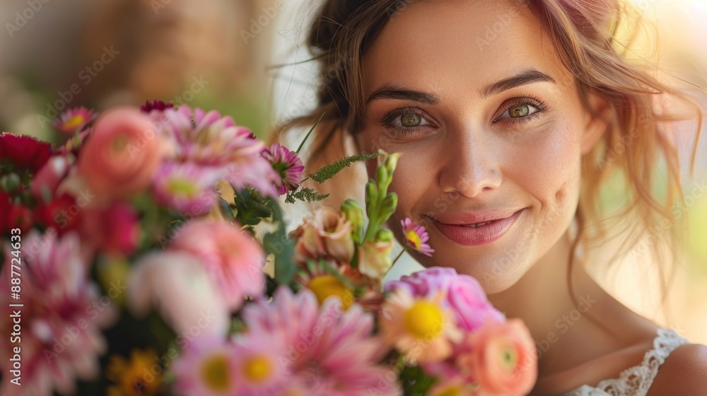 A close-up image of a mother receiving a beautiful flower arrangement from her child on Mother Day. The mother face beams with happiness, while the child looks on proudly. The vibrant colors of the A close-up image of a mother receiving a beautiful flower arrangement from her child on Mother Day. The mother face beams with happiness, while the child looks on proudly. The vibrant colors of the
