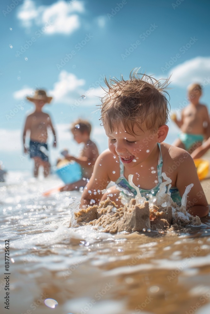 Joyful kids enjoying a sunny day at the beach, building sandcastles and playing in the water, captured in a vibrant moment. Joyful kids enjoying a sunny day at the beach, building sandcastles and playing in the water, captured in a vibrant moment.