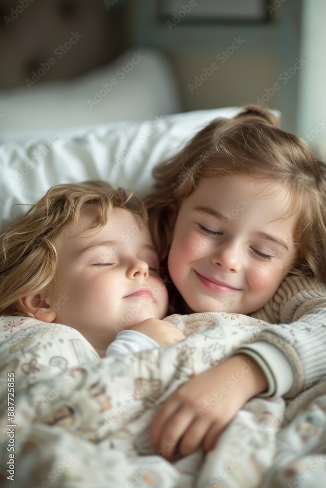 Two young siblings cuddling and sleeping peacefully under a cozy blanket, capturing a tender moment of sibling love and warmth. Two young siblings cuddling and sleeping peacefully under a cozy blanket, capturing a tender moment of sibling love and warmth.