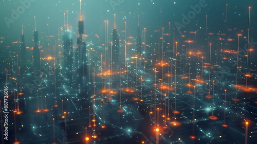 A digital cityscape with glowing pathways and nodes illustrating the intricate layout and connections of a futuristic network architecture, pulsing with data flows © phairot