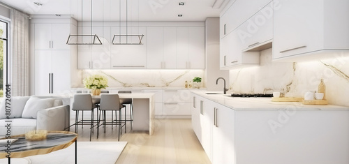 Interior design of a white kitchen in a minimalist style, light background. AI generated.