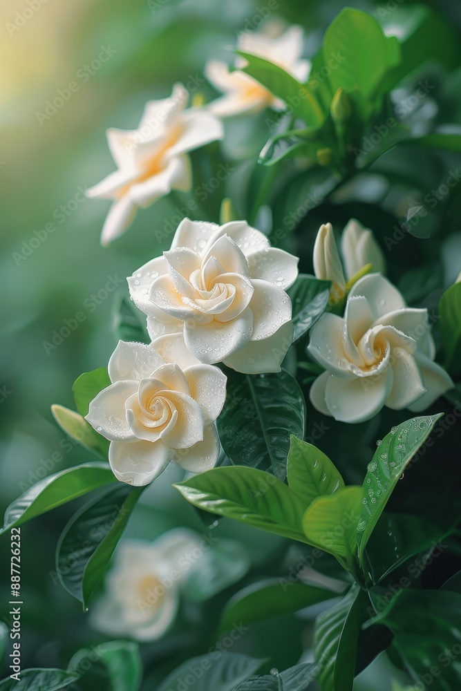 Elegant white Gardenia flowers adorned with dewdrops, surrounded by lush green leaves, capturing the essence of natural beauty. Elegant white Gardenia flowers adorned with dewdrops, surrounded by lush green leaves, capturing the essence of natural beauty.