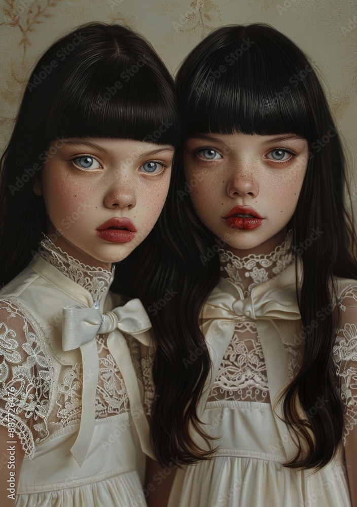 Two identical twin girls with straight black hair and bangs, clad in white vintage lace dresses, posing close together looking intently at the viewer. Two identical twin girls with straight black hair and bangs, clad in white vintage lace dresses, posing close together looking intently at the viewer.