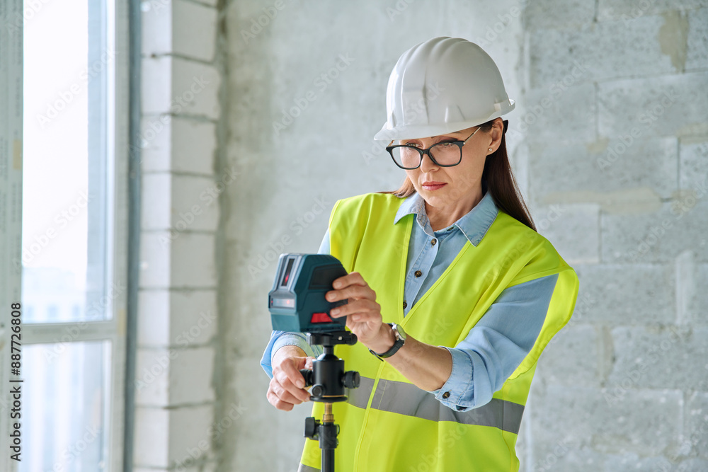 Woman industrial worker in protective vest helmet working on construction site Woman industrial worker in protective vest helmet working on construction site