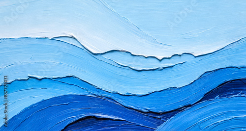 Abstract blue canvas close-up, dynamic blue ocean sea waves pattern, textured acrylic paint strokes marine colors, contemporary art interior design, oceanic background photo