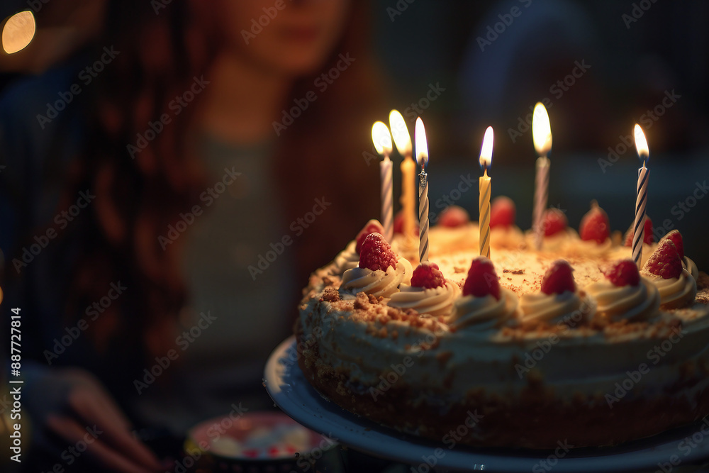 Fototapeta premium Birthday party with beautiful tasty cake and candles, full family kids pets friends, Generative AI