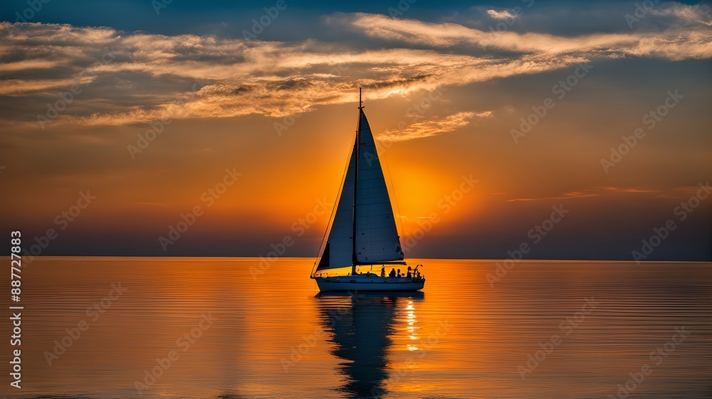 Fototapeta premium Calm sea, Sailboat sailing far away, Generative AI
