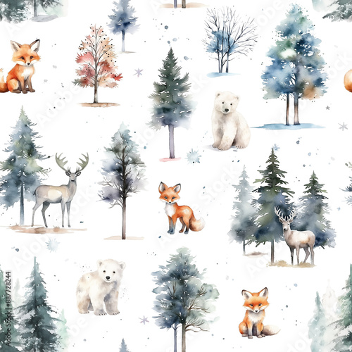 Fototapeta Naklejka Na Ścianę i Meble -  Watercolor Christmas seamless pattern with winter animals and trees isolated on white background.