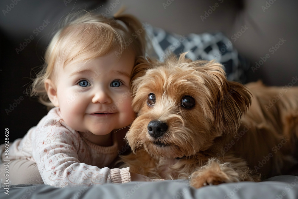 AI generated portrait of cute adorable baby playing with friend dog AI generated portrait of cute adorable baby playing with friend dog
