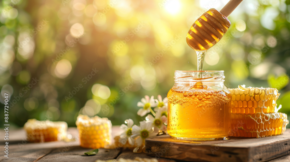 Honey in a glass jar and honeycombs on a natural background.Copy space. Honey in a glass jar and honeycombs on a natural background.Copy space.