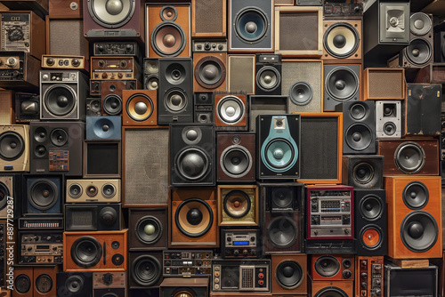 pattern of a wall full of different retro and vintage speakers, music wall, sound equipment, photorealistic // ai-generated