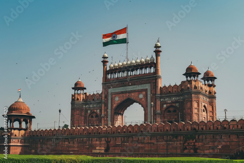 Red fort Delhi with indian flag as a symbol of Independence Day of India, copy space for text