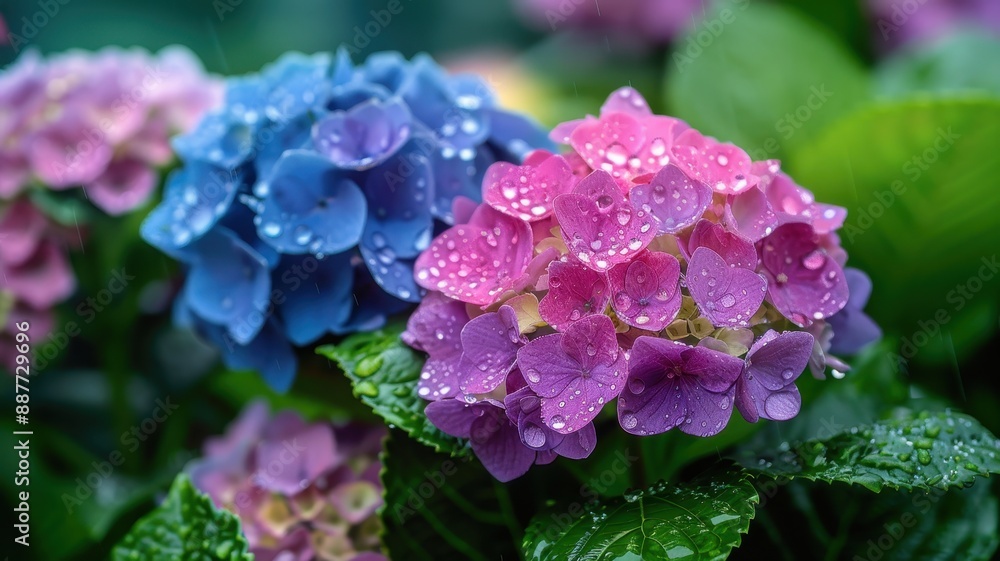 Close-up of vibrant pink and blue hydrangea flowers with dew drops, showcasing their natural beauty and freshness. Close-up of vibrant pink and blue hydrangea flowers with dew drops, showcasing their natural beauty and freshness.