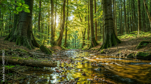 Serene Forest Stream with Sunlight Filtering Through Tall Trees