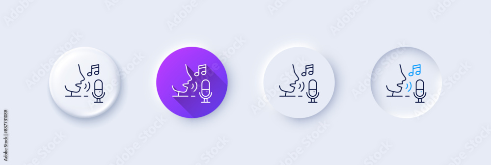 Microphone line icon. Neumorphic, Purple gradient, 3d pin buttons. Studio mic sign. Voice record device symbol. Line icons. Neumorphic buttons with outline signs. Vector Microphone line icon. Neumorphic, Purple gradient, 3d pin buttons. Studio mic sign. Voice record device symbol. Line icons. Neumorphic buttons with outline signs. Vector