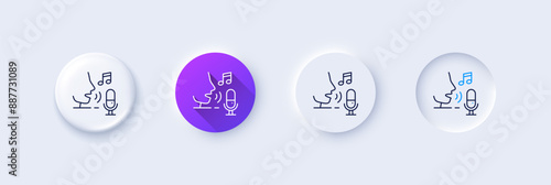 Microphone line icon. Neumorphic, Purple gradient, 3d pin buttons. Studio mic sign. Voice record device symbol. Line icons. Neumorphic buttons with outline signs. Vector