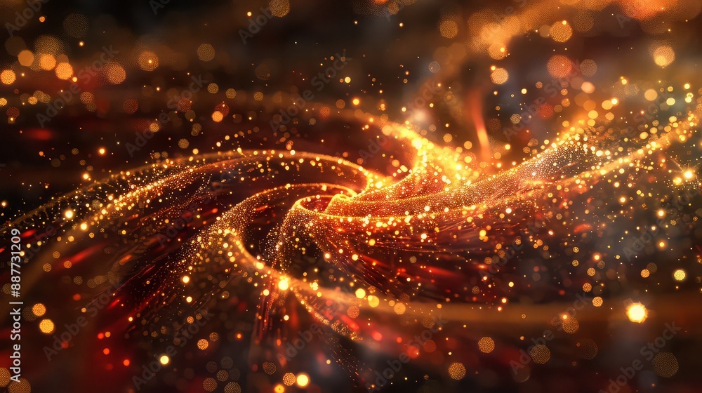 gold particles in red liquid. Magic waves of golden shiny particles of ...