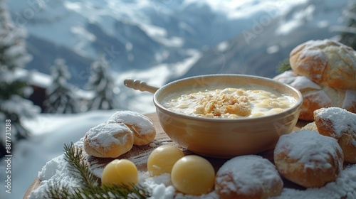 Fototapeta Naklejka Na Ścianę i Meble -  Warm, Delicious Fondue In The Swiss Alps