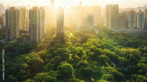 An aerial cityscape showing a lush green park amidst high-rise buildings, highlighting urban nature